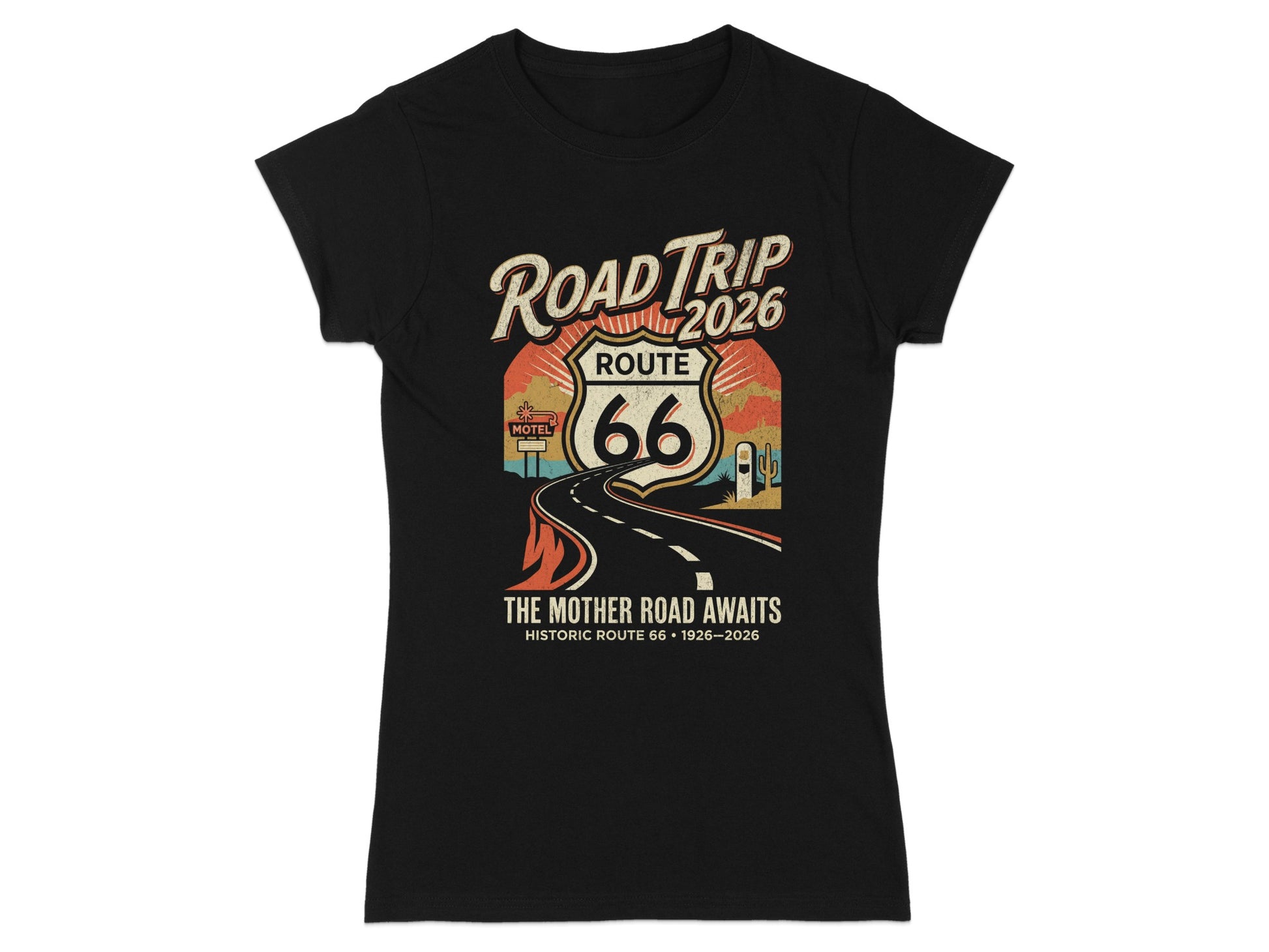 Black t-shirt with "Road Trip Route 66" graphic and "The Mother Road Awaits" text.