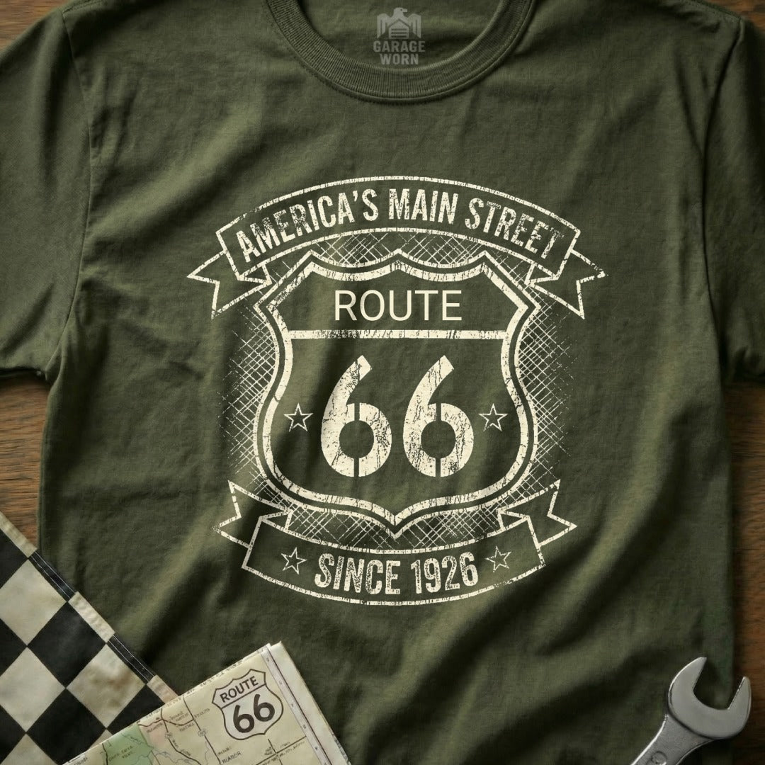 Green t-shirt with Route 66 "America's Main Street Since 1926" graphic.