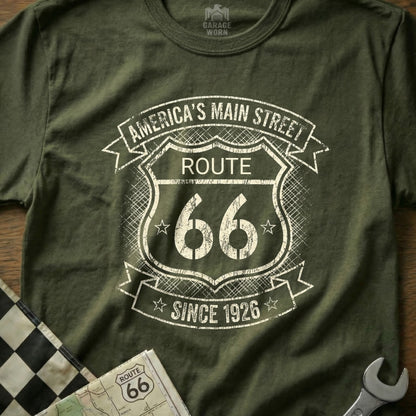 Green t-shirt with Route 66 "America's Main Street Since 1926" graphic.