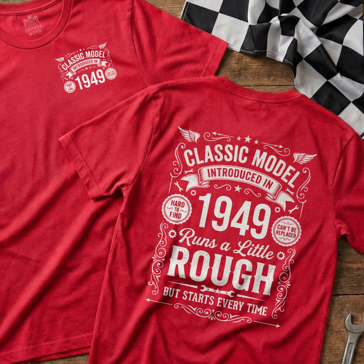 Red t-shirt with "1949 Classic Model" text and racing flag detail.