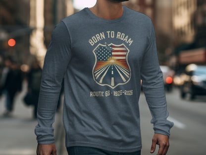 Long-sleeved gray shirt with "Born to Roam Route 66 1926-2026" shield graphic.