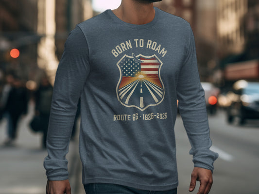 Long-sleeved gray shirt with "Born to Roam Route 66 1926-2026" shield graphic.