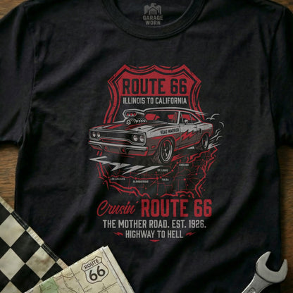Black t-shirt with Route 66 graphic: Illinois to California, Road Warrior.