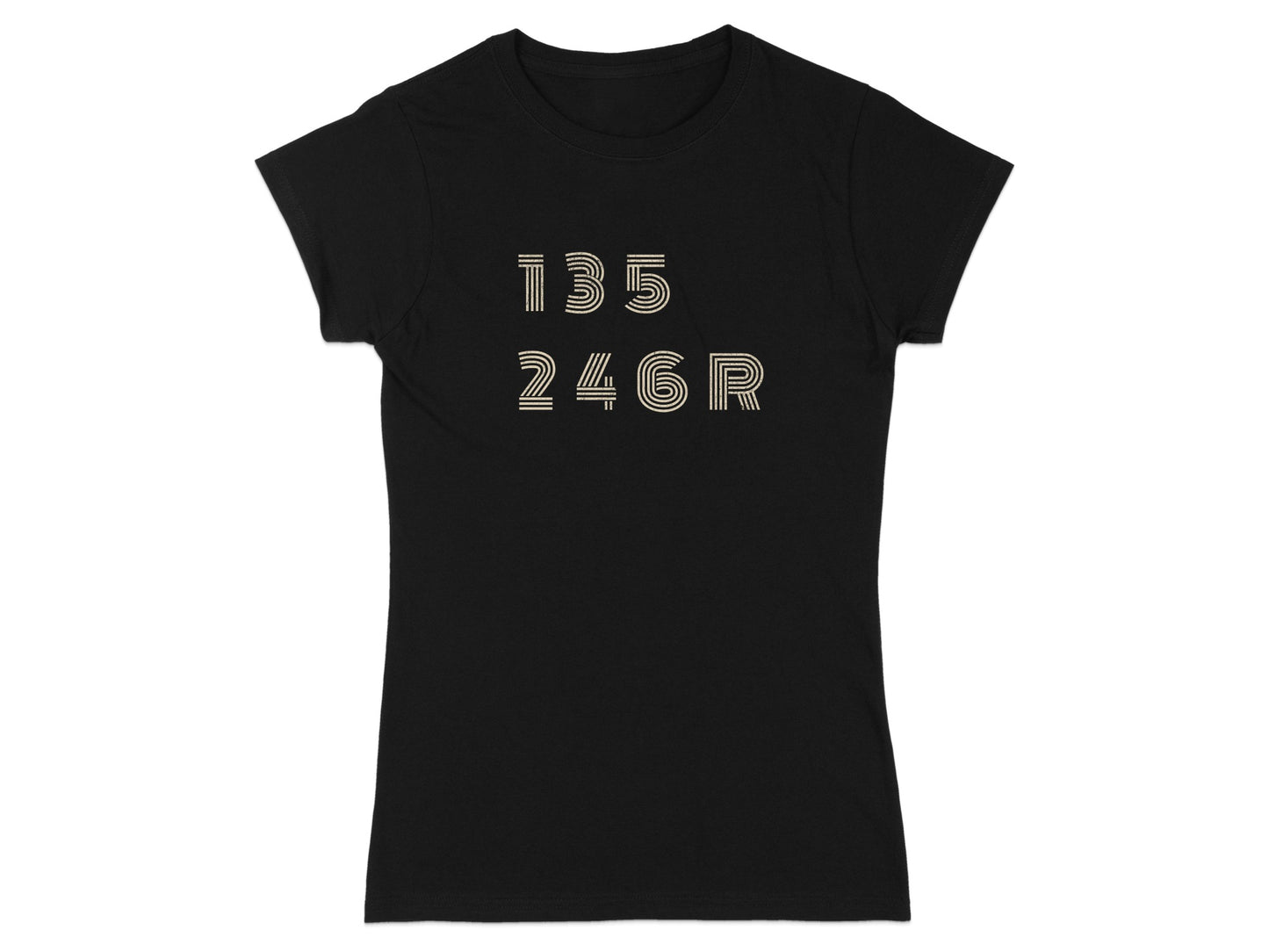 Black t-shirt with white text "135 246R" in concentric lines.