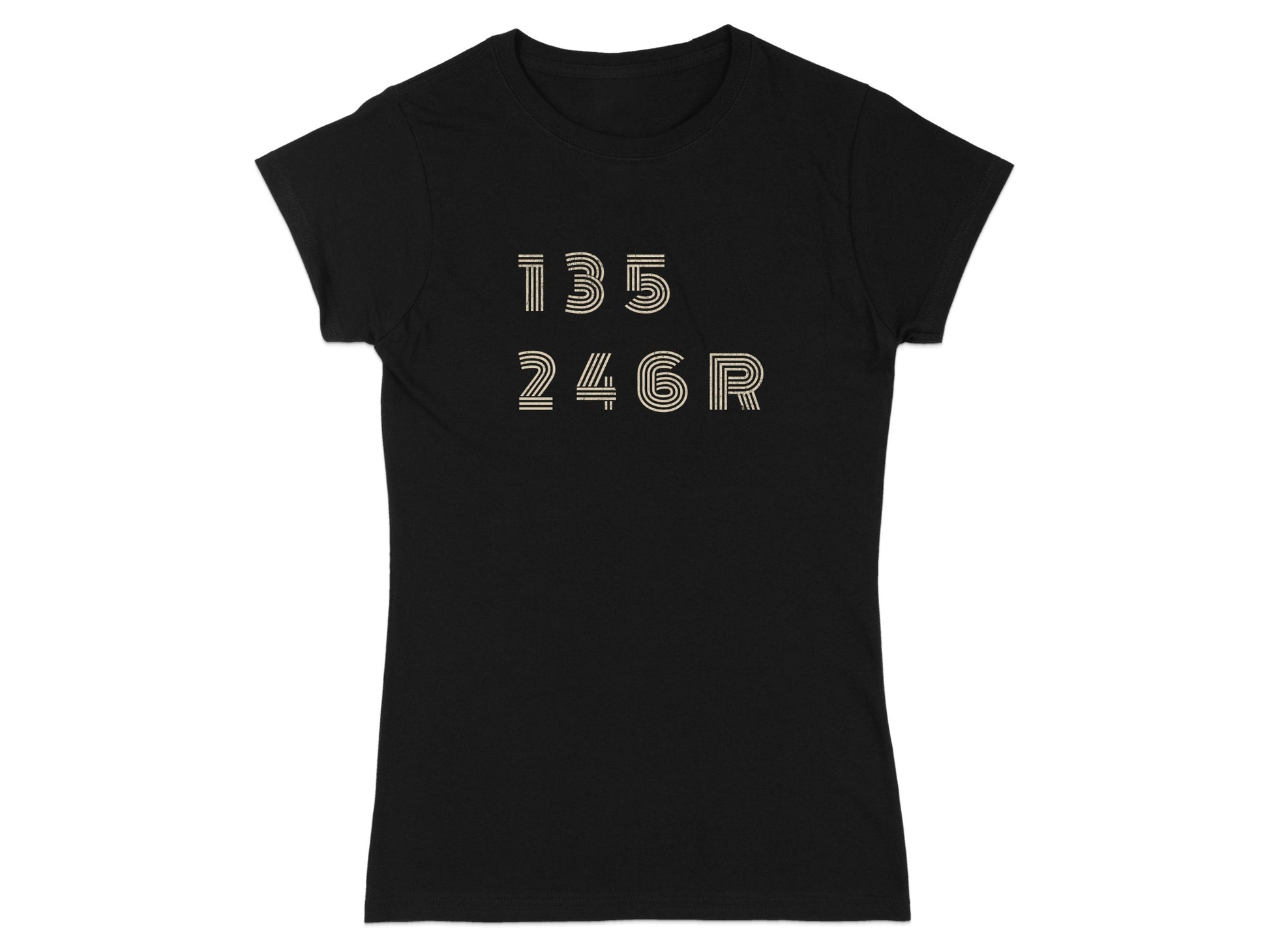 Black t-shirt with white text "135 246R" in concentric lines.