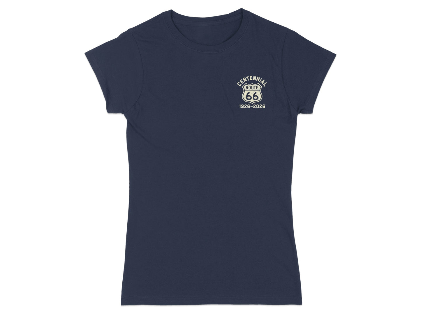 Navy t-shirt with "Centennial Route 66 1926-2026" graphic on left chest.