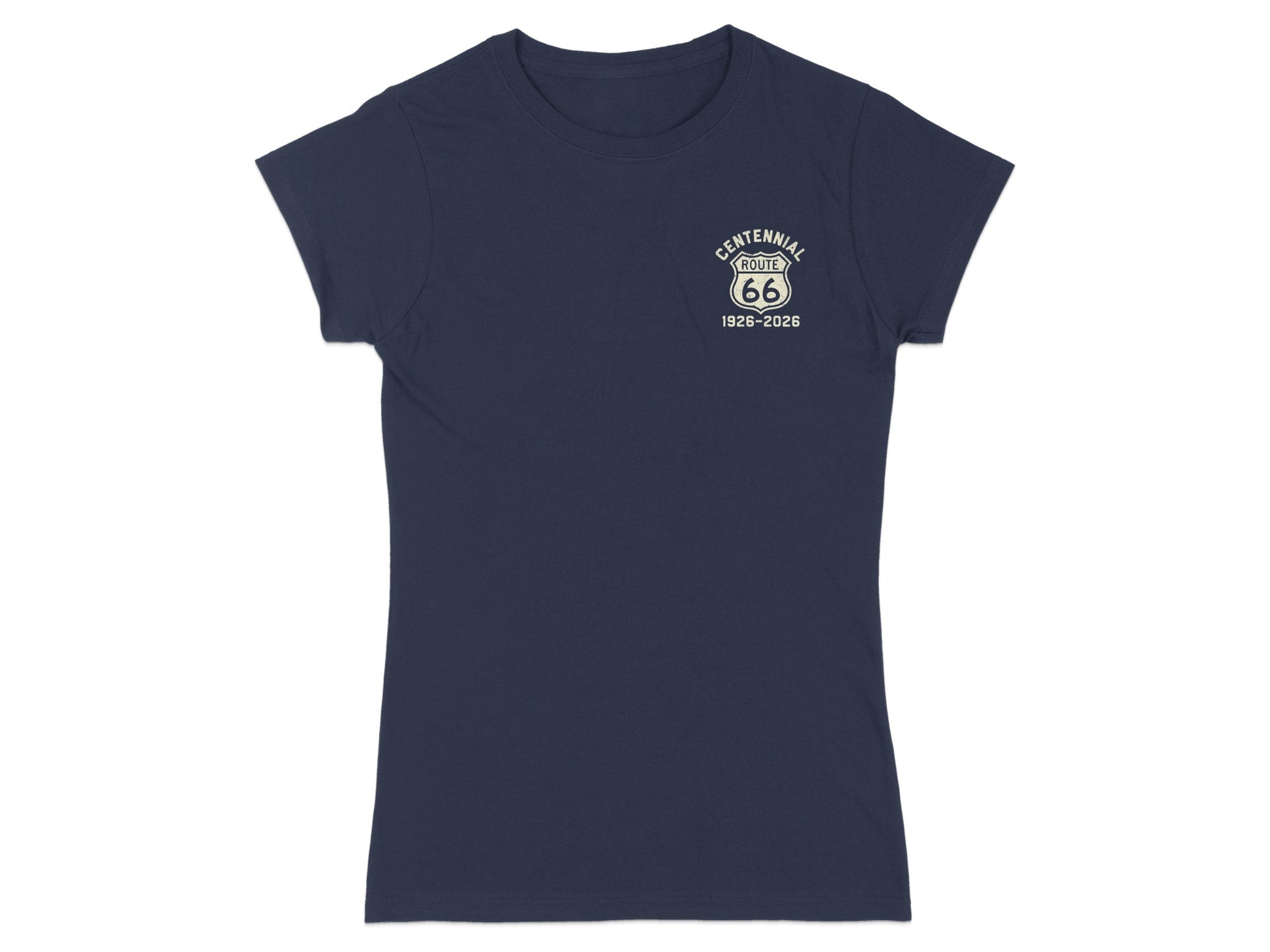Navy t-shirt with "Centennial Route 66 1926-2026" graphic on left chest.