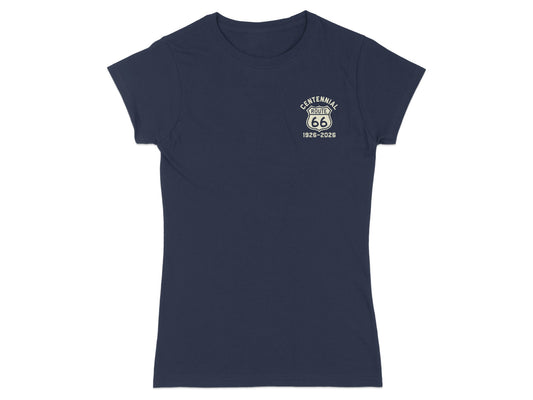 Navy t-shirt with "Centennial Route 66 1926-2026" graphic on left chest.