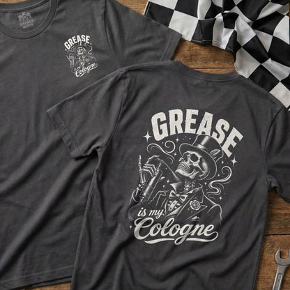 Dark grey t-shirt with skeleton graphic and text "GREASE is my Cologne".