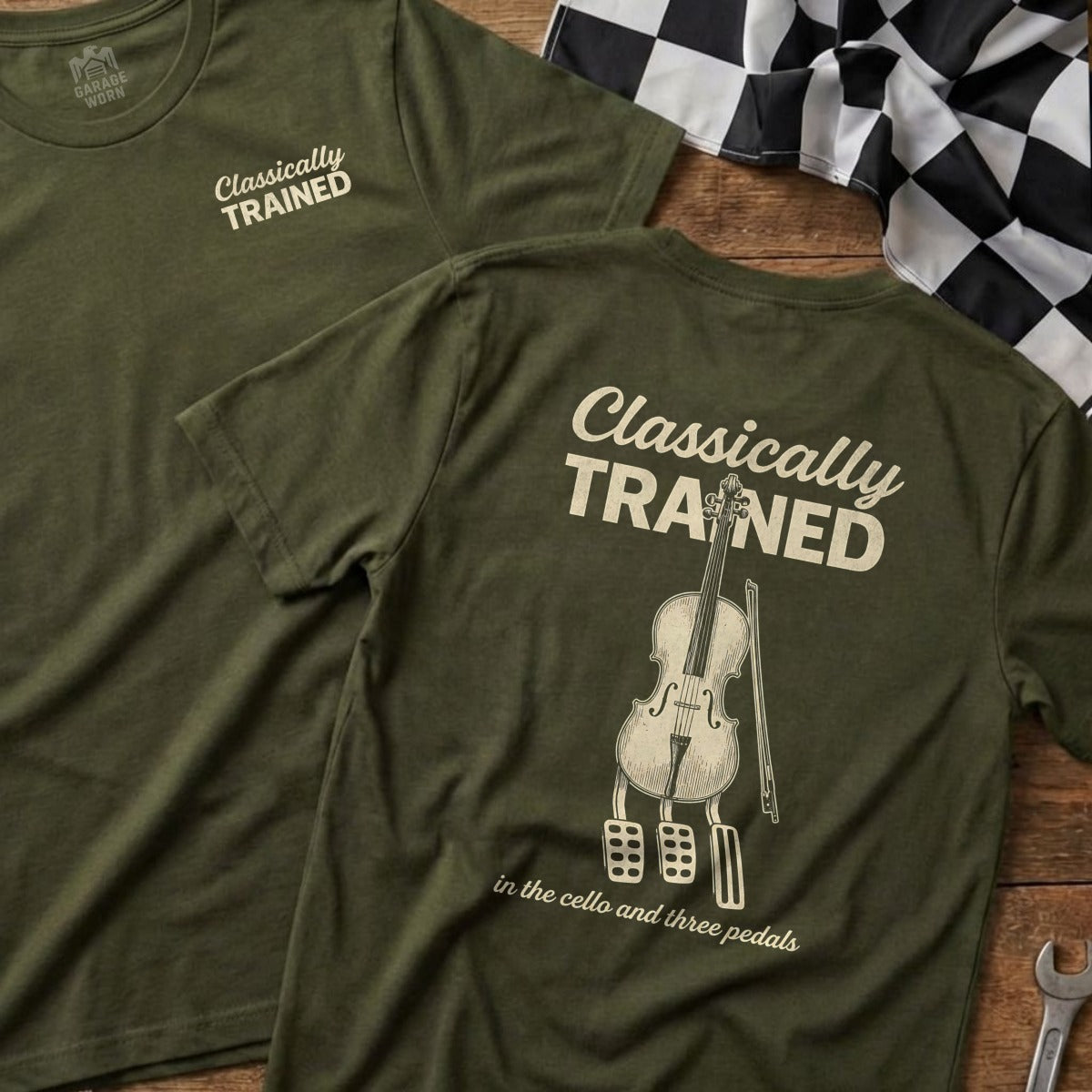 Olive green t-shirt with a cello and pedals graphic, "Classically Trained" text.