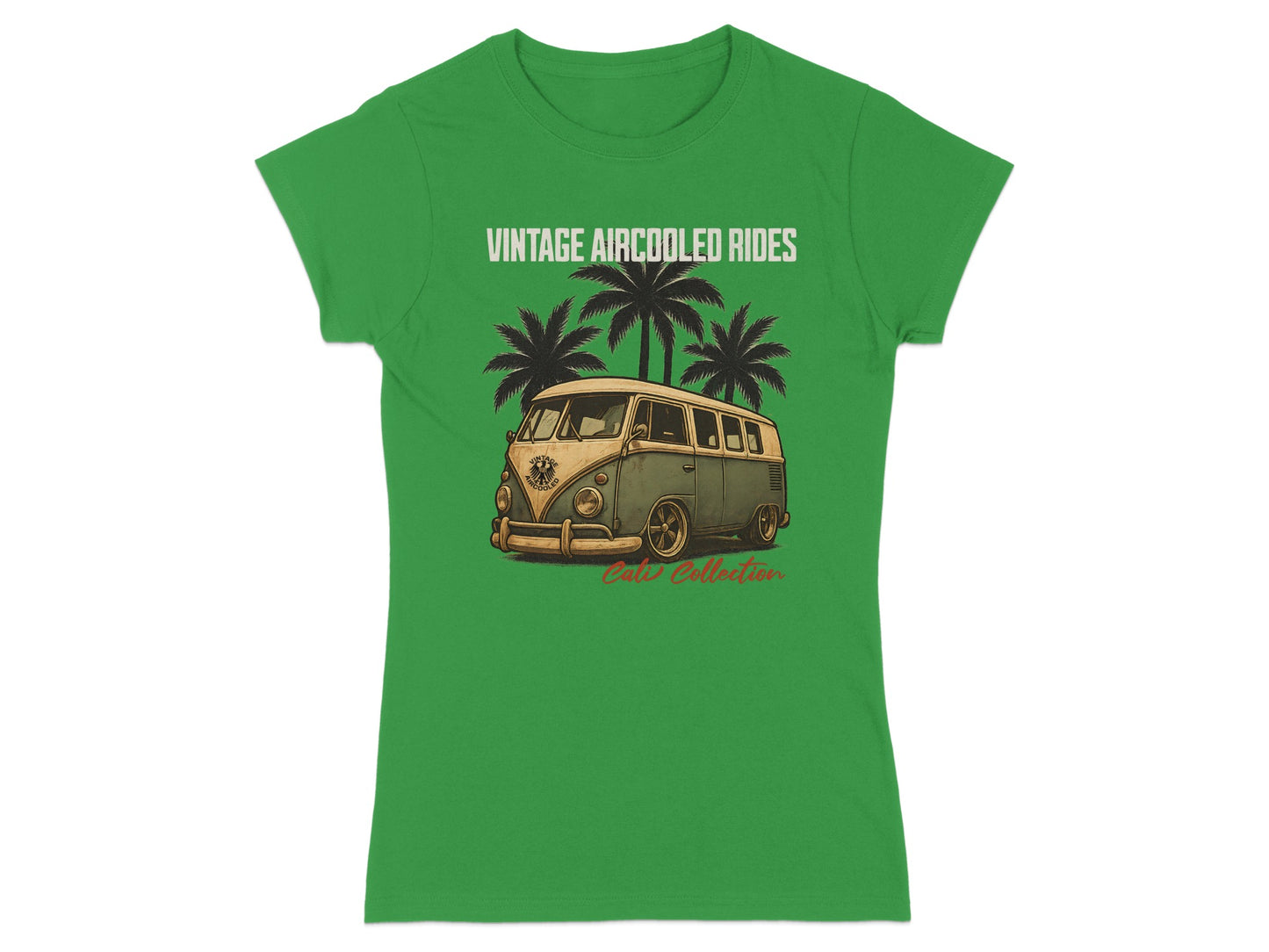 Green t-shirt with vintage van, palm trees, and text "Vintage Aircooled Rides" and "Cali Collection".