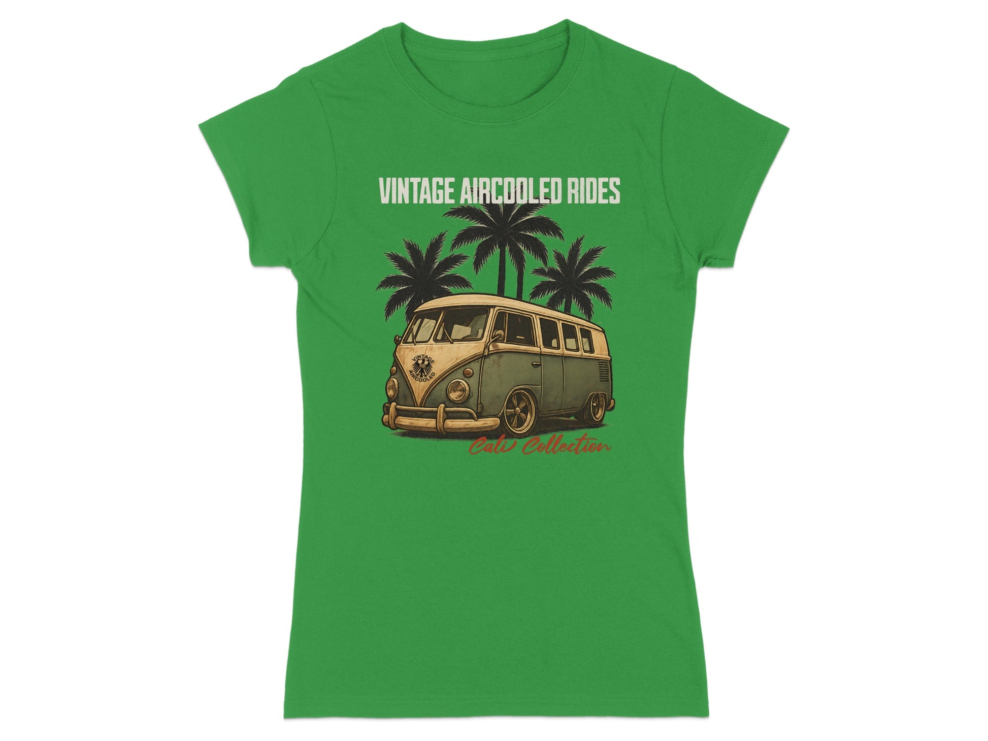 Green t-shirt with vintage van, palm trees, and text "Vintage Aircooled Rides" and "Cali Collection".