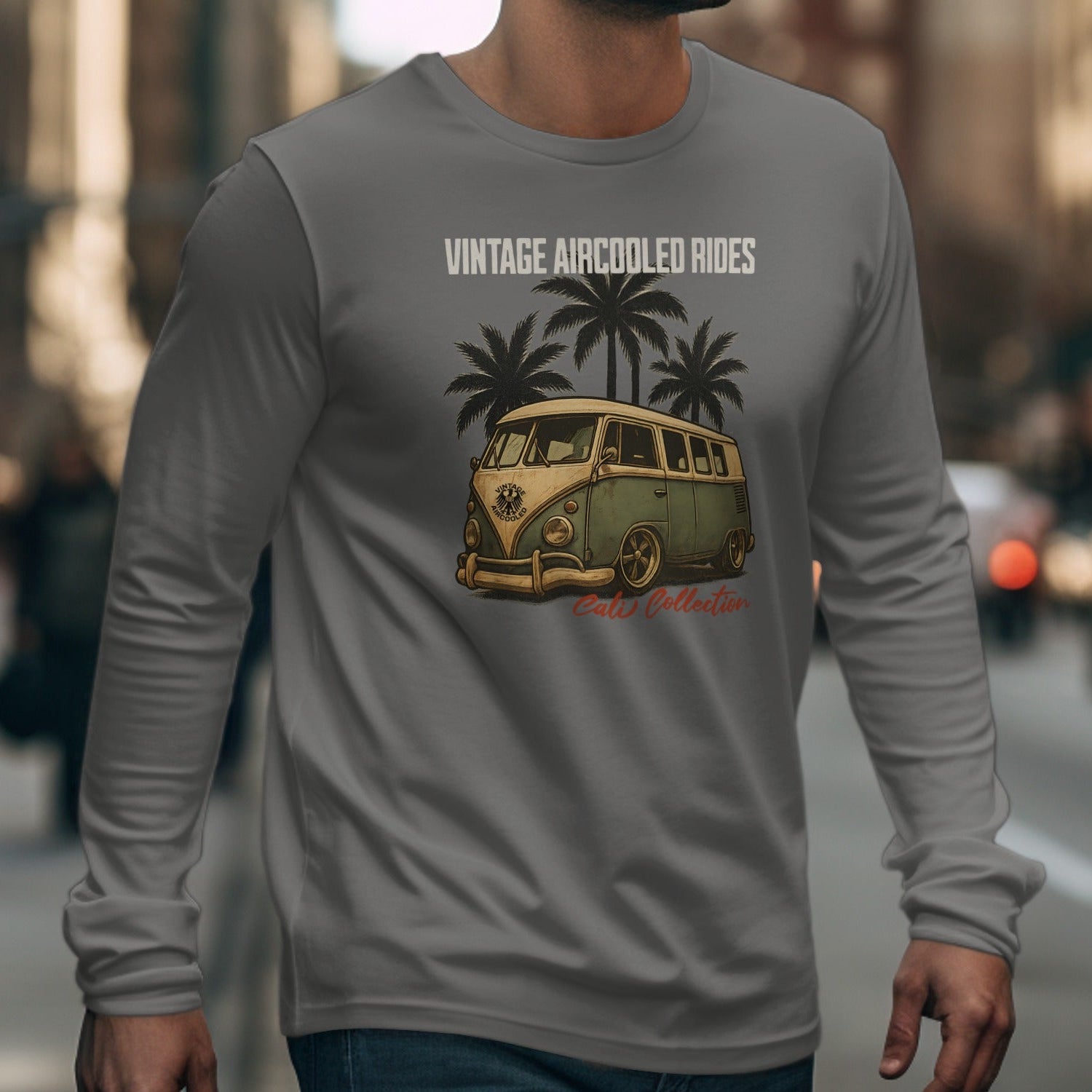 Gray long sleeve shirt with "VINTAGE AIRCOOLED RIDES" and a vintage van design.
