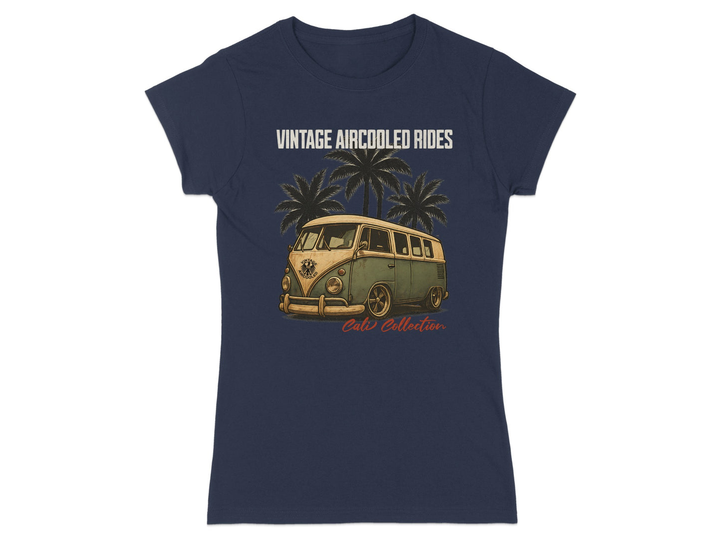 T-shirt with vintage van, palm trees, and text "Vintage Aircooled Rides Cali Collection".