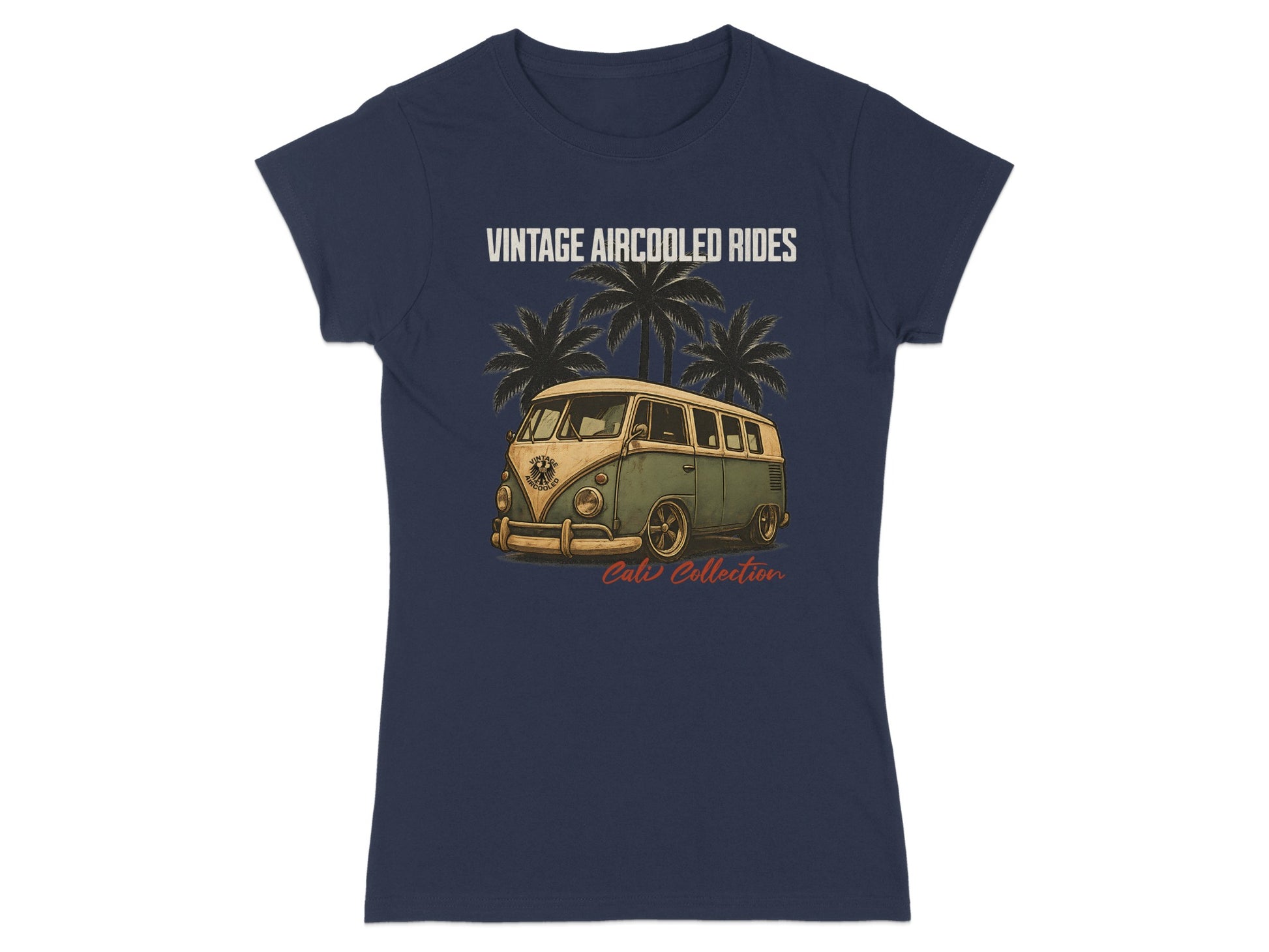 T-shirt with vintage van, palm trees, and text "Vintage Aircooled Rides Cali Collection".