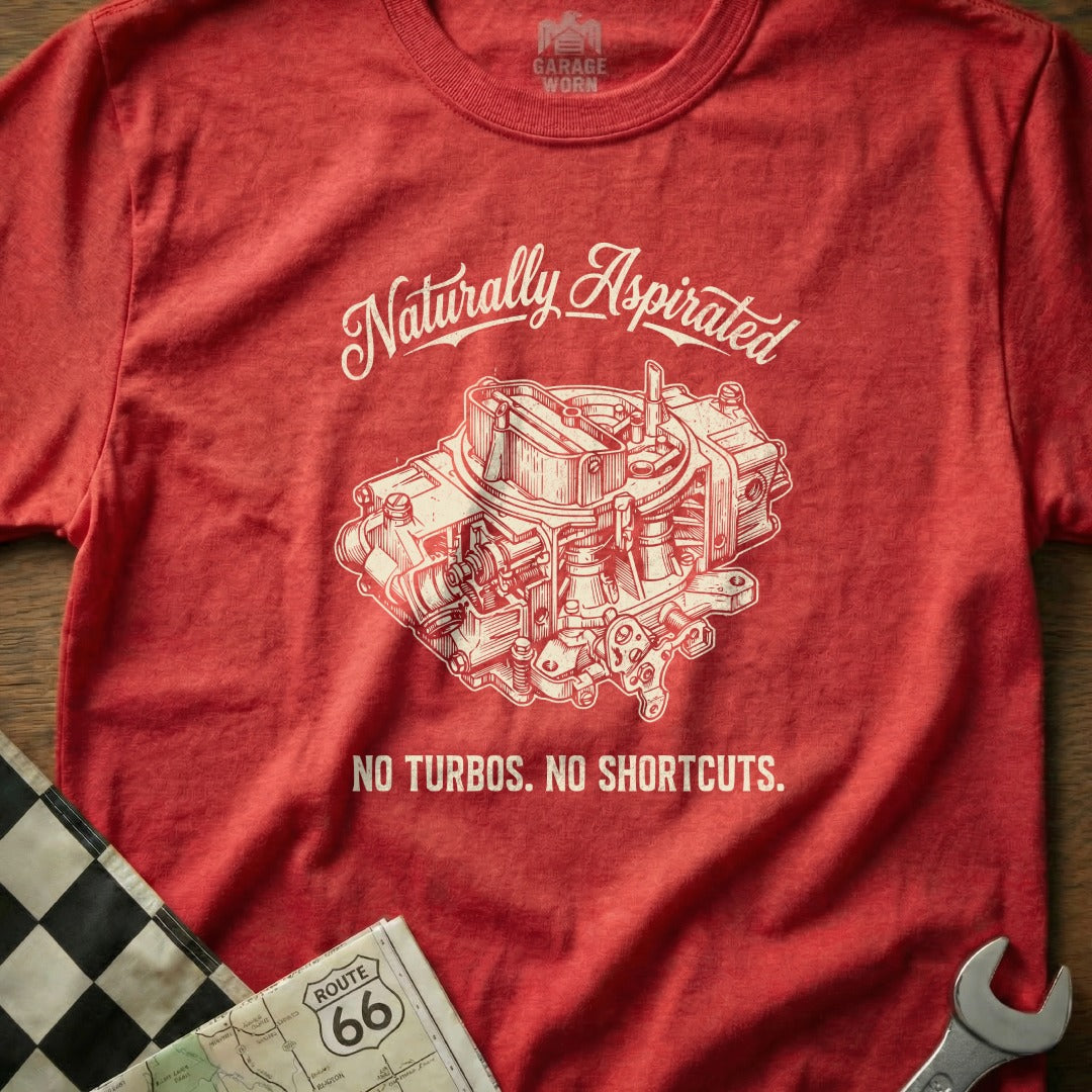 Red t-shirt with white illustration of a carburetor and text "Naturally Aspirated NO TURBOS. NO SHORTCUTS."