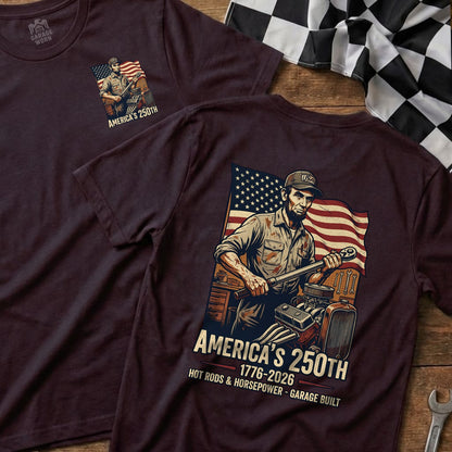 Abraham Lincoln with wrench and hot rod, "America's 250th" text.