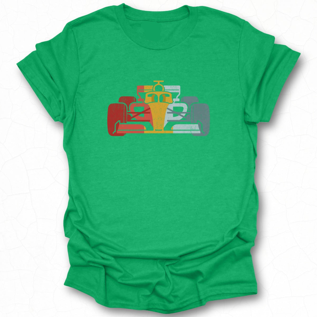 Colorful Race Car Graphic on Green T-Shirt