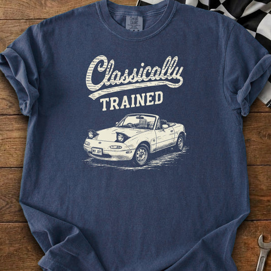 T-shirt with "Classically TRAINED" text and a white convertible car sketch.