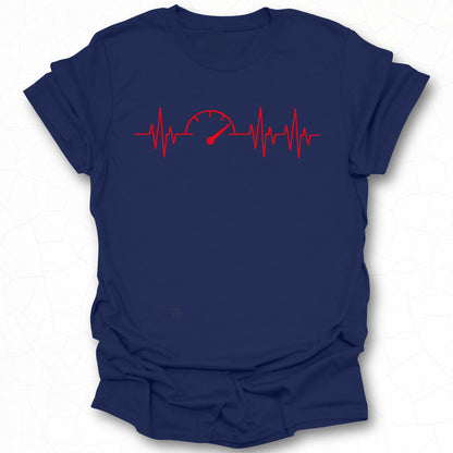 Blue T-shirt with Heartbeat and Speedometer Print Design
