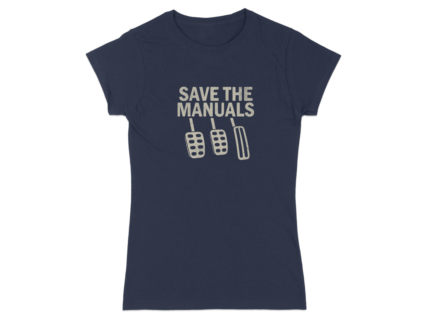 Navy t-shirt with "SAVE THE MANUALS" and clutch, brake, gas pedals graphic.