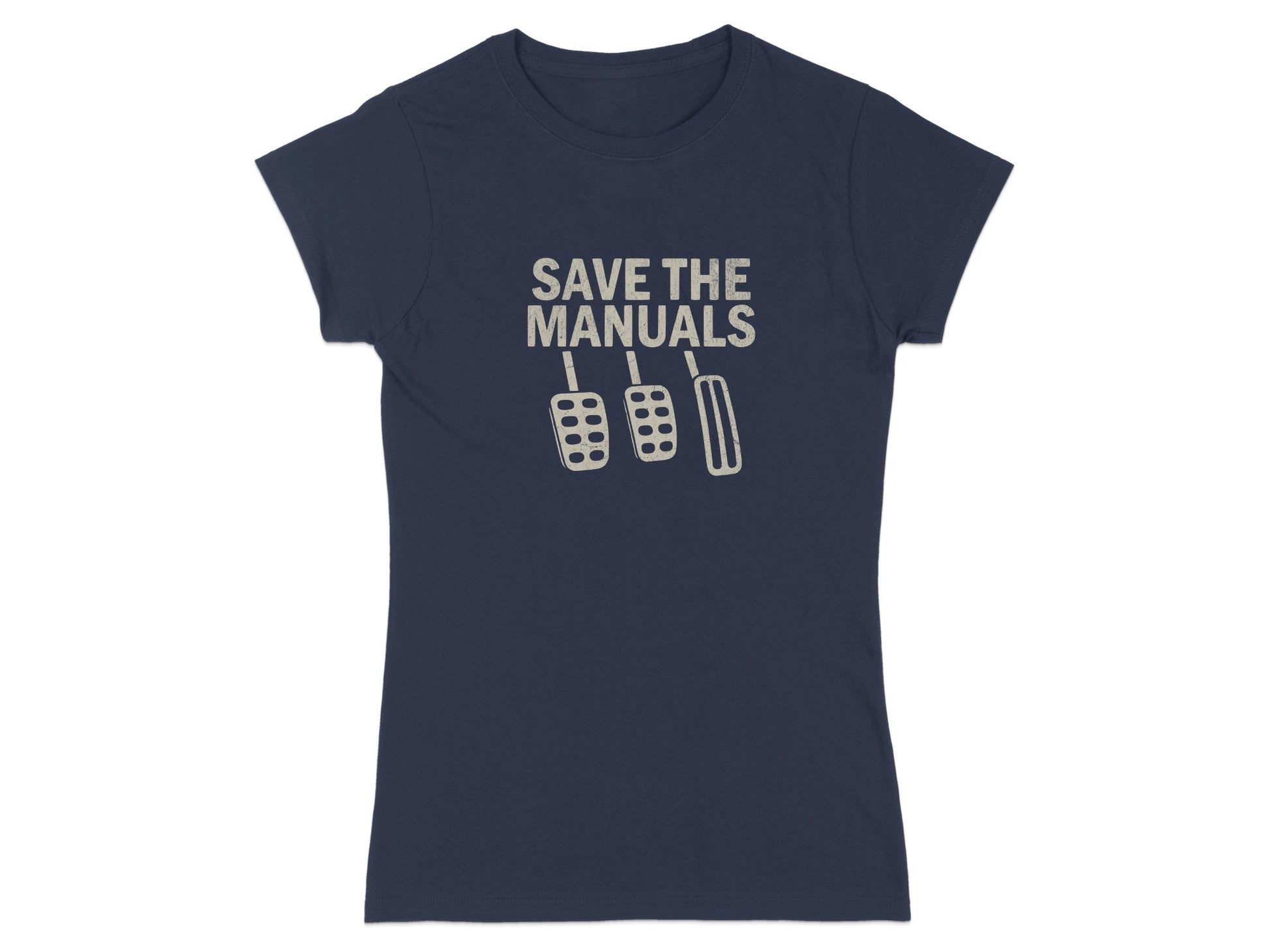 Navy t-shirt with "SAVE THE MANUALS" and clutch, brake, gas pedals graphic.