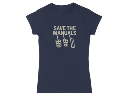 Navy t-shirt with "SAVE THE MANUALS" and clutch, brake, gas pedals graphic.