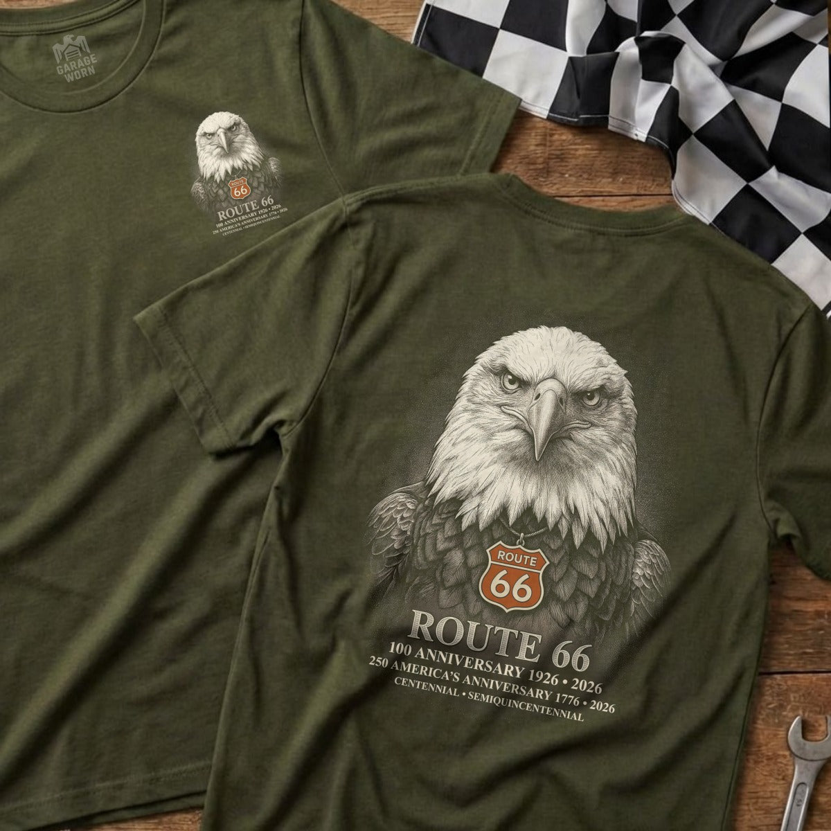 Olive green t-shirt with Route 66 bald eagle graphic and text.
