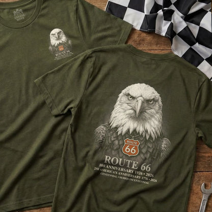 Olive green t-shirt with Route 66 bald eagle graphic and text.