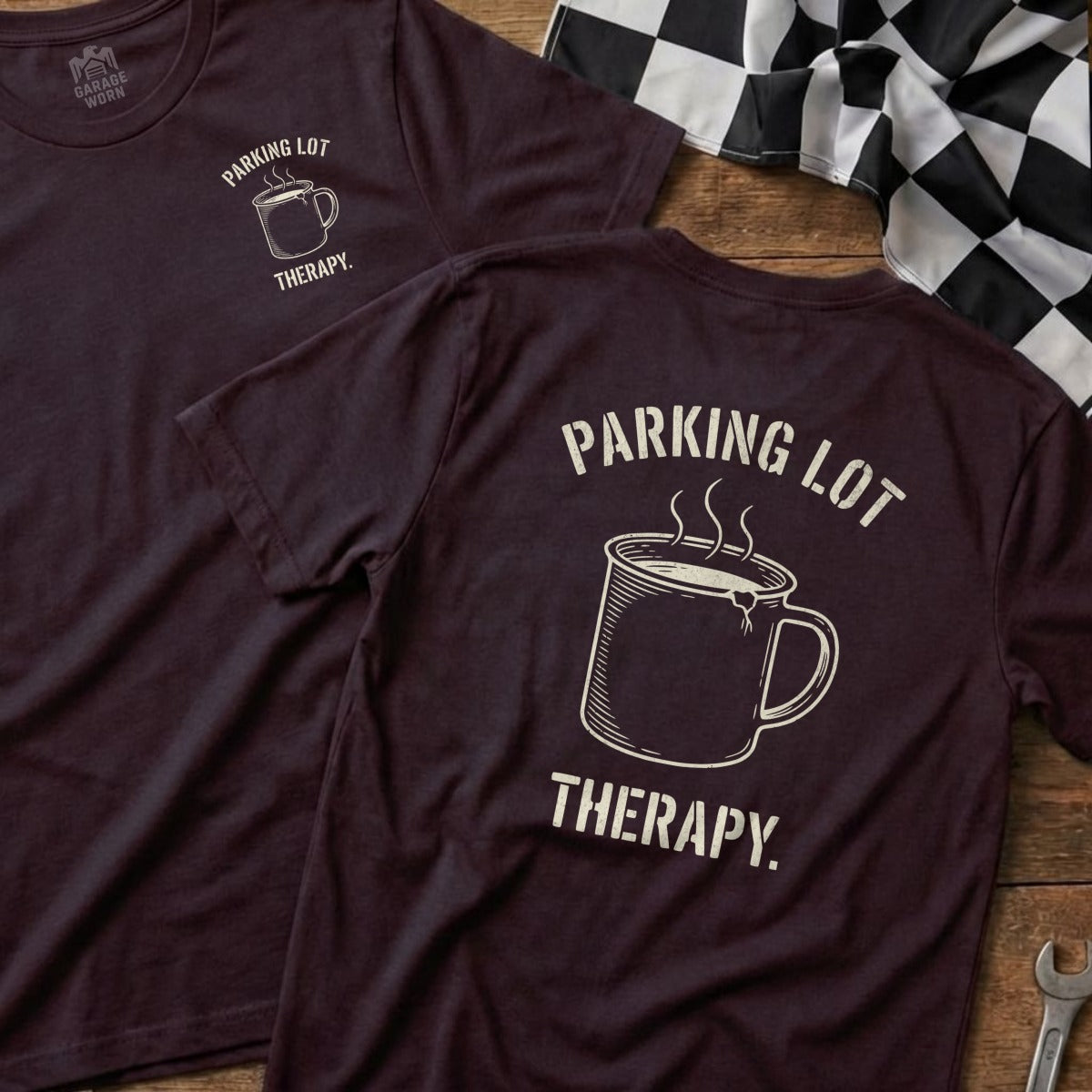 Maroon t-shirt with "Parking Lot Therapy" and a steaming coffee mug graphic.