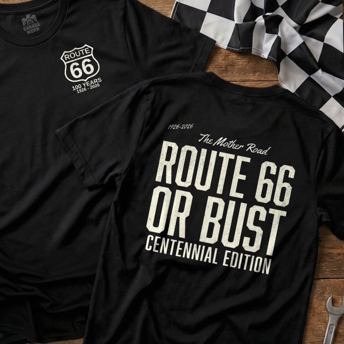 Black t-shirt with Route 66 Centennial Edition logo and "Or Bust" text.