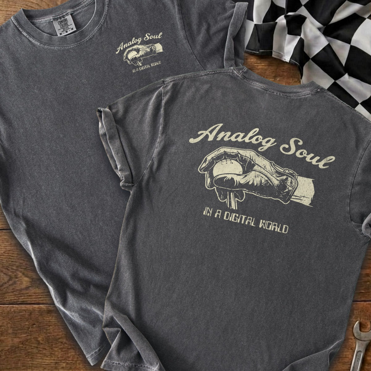Dark gray t-shirts with "Analog Soul In A Digital World" text and graphic.