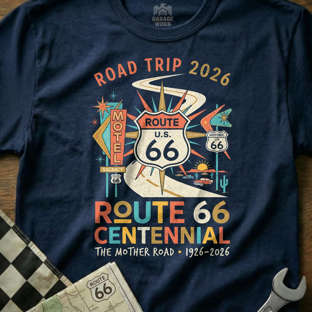 Navy t-shirt with Route 66 Centennial graphic.