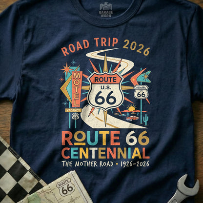Navy t-shirt with Route 66 Centennial graphic.