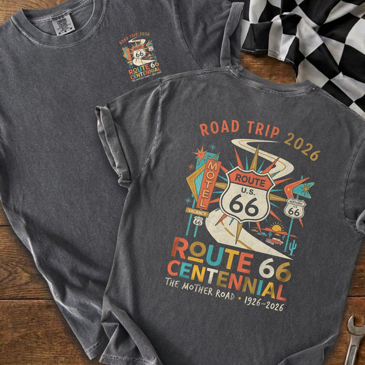 Dark gray shirt with Route 66 Centennial Road Trip 2026 design.