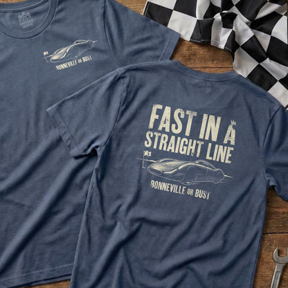 Blue t-shirt with a graphic of a race car and "Fast in a Straight Line" text.