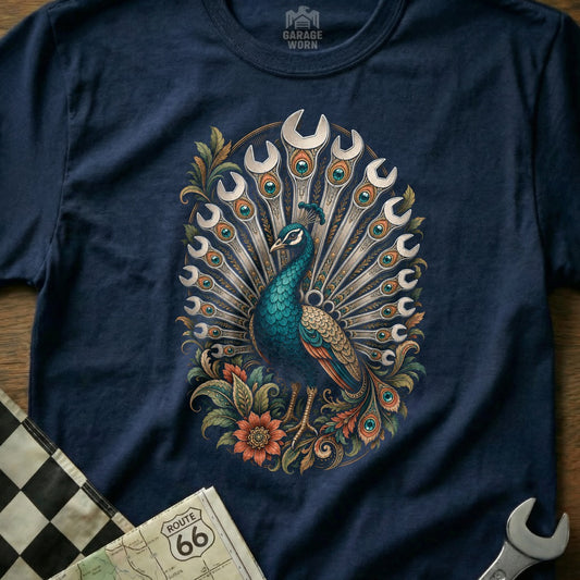 Peacock with wrench tail feathers on navy t-shirt, "GARAGE WORN" logo at collar.