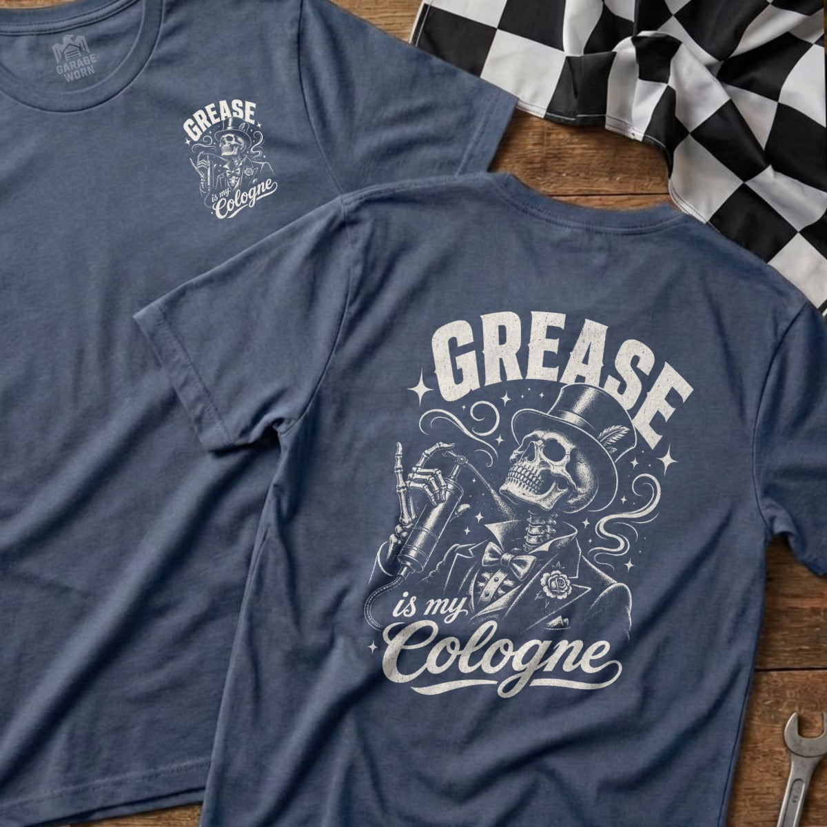 Skeleton in a tuxedo, top hat, and bowtie sprays cologne; "GREASE is my Cologne" text.