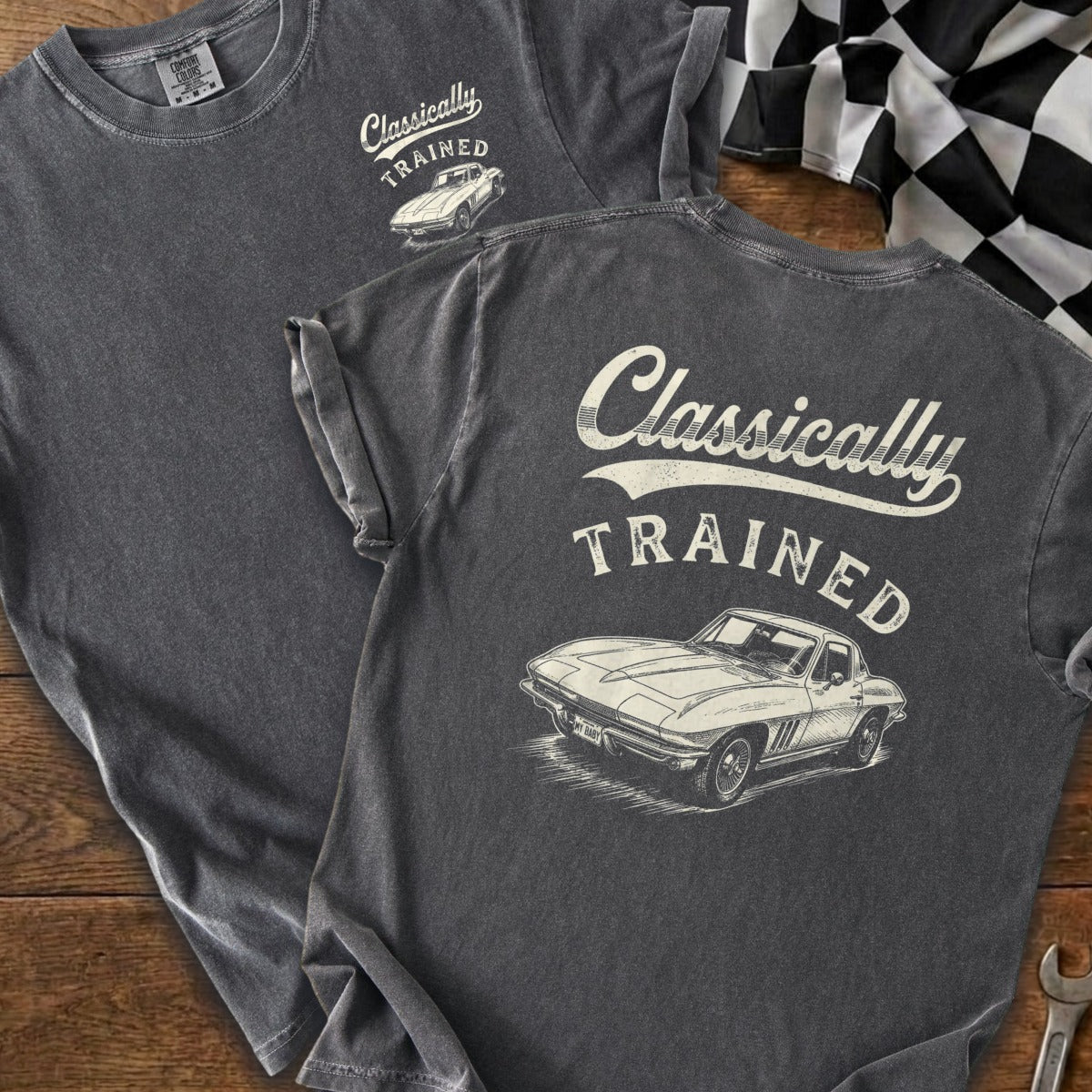 T-shirt with "Classically Trained" text and classic car graphic.