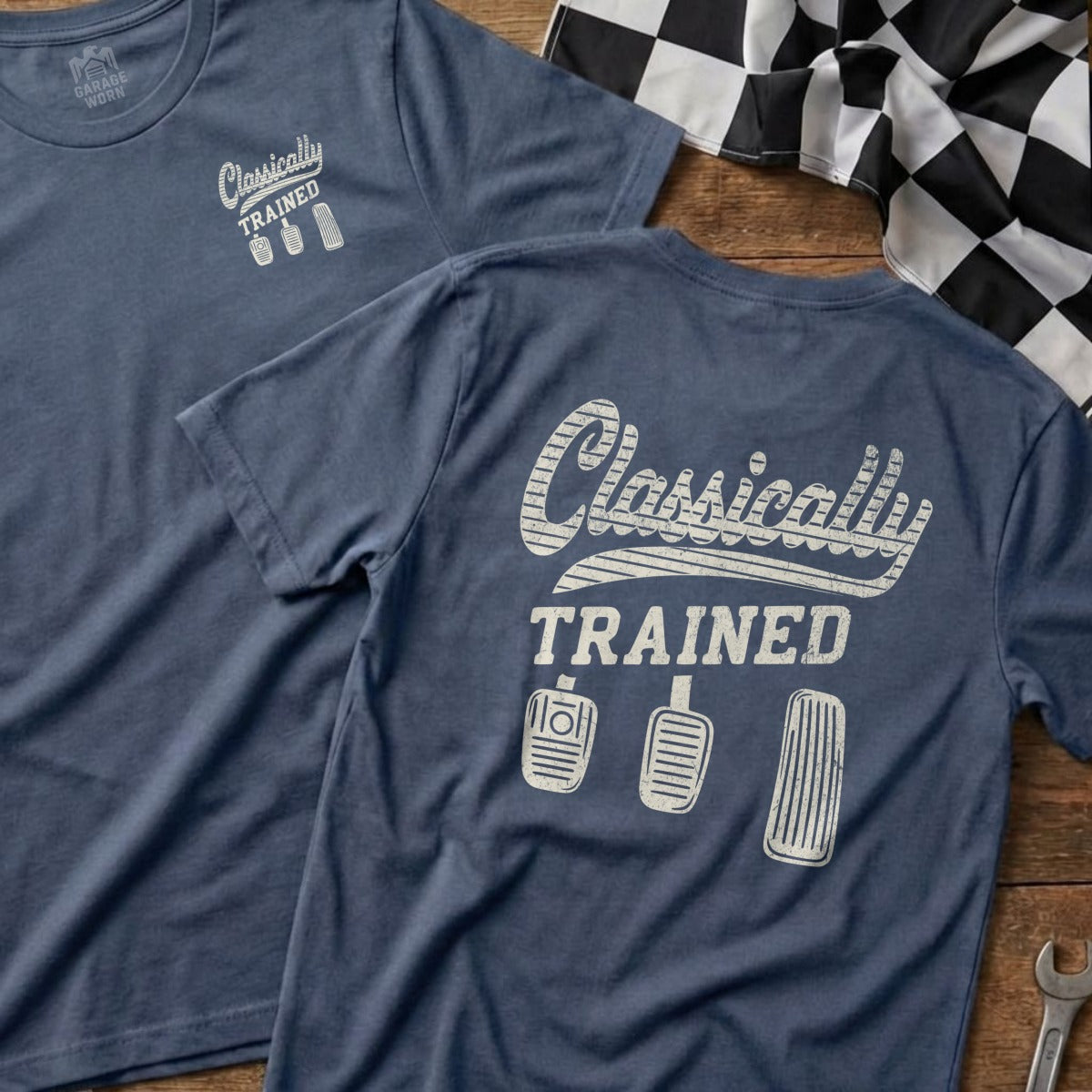Blue t-shirt with "Classically TRAINED" and three pedals graphic.