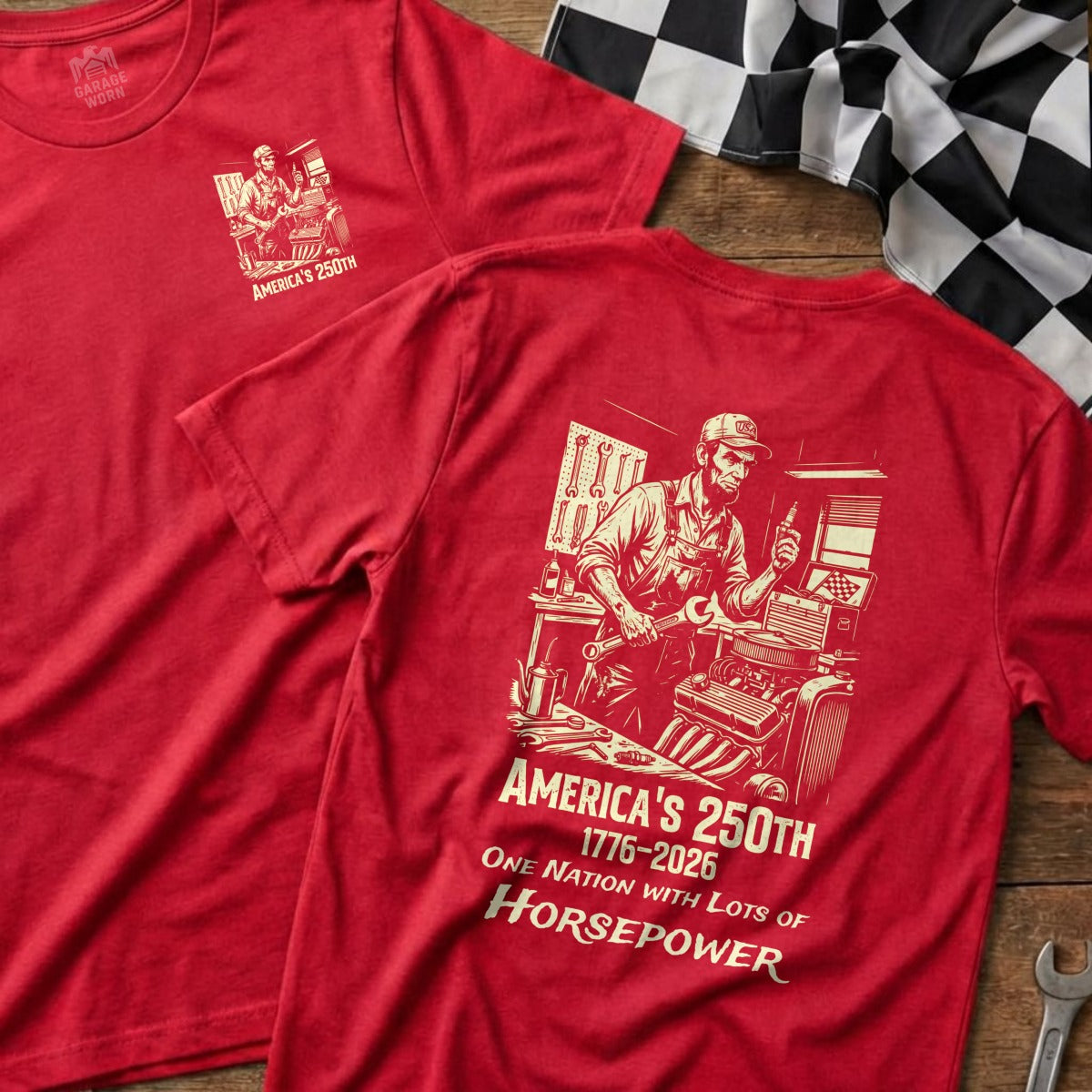 Red t-shirt with "America's 250th" and mechanic graphic.
