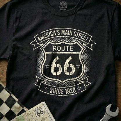 Black t-shirt with Route 66 logo, "America's Main Street," "SINCE 1926."
