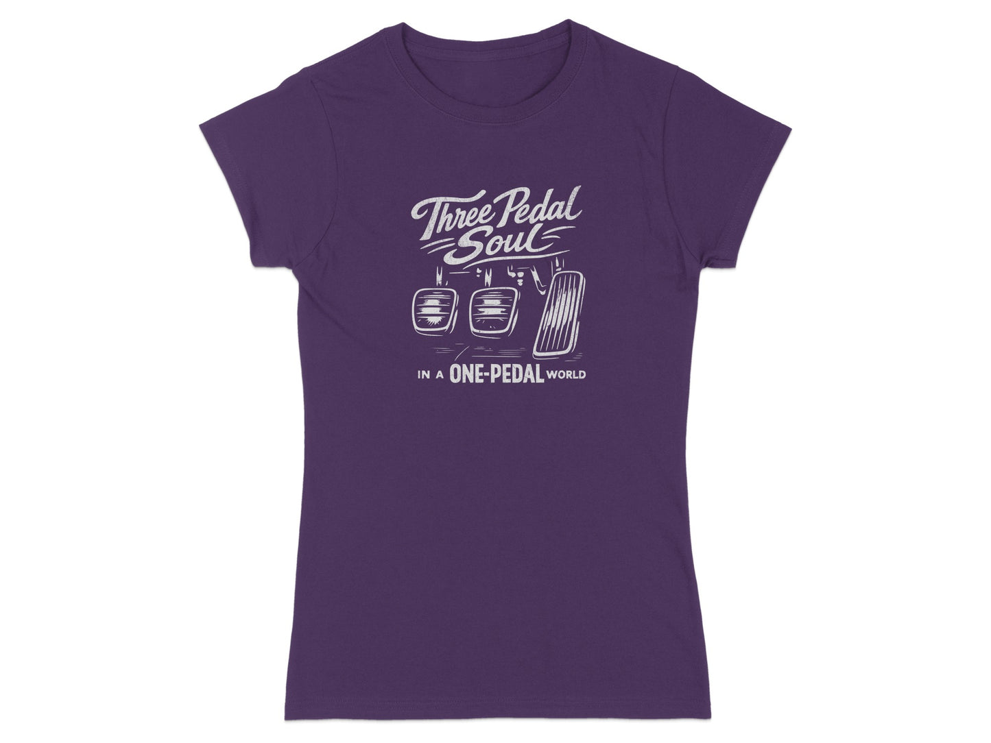 Purple t-shirt with "Three Pedal Soul In A One-Pedal World" and clutch, brake, and gas pedals.