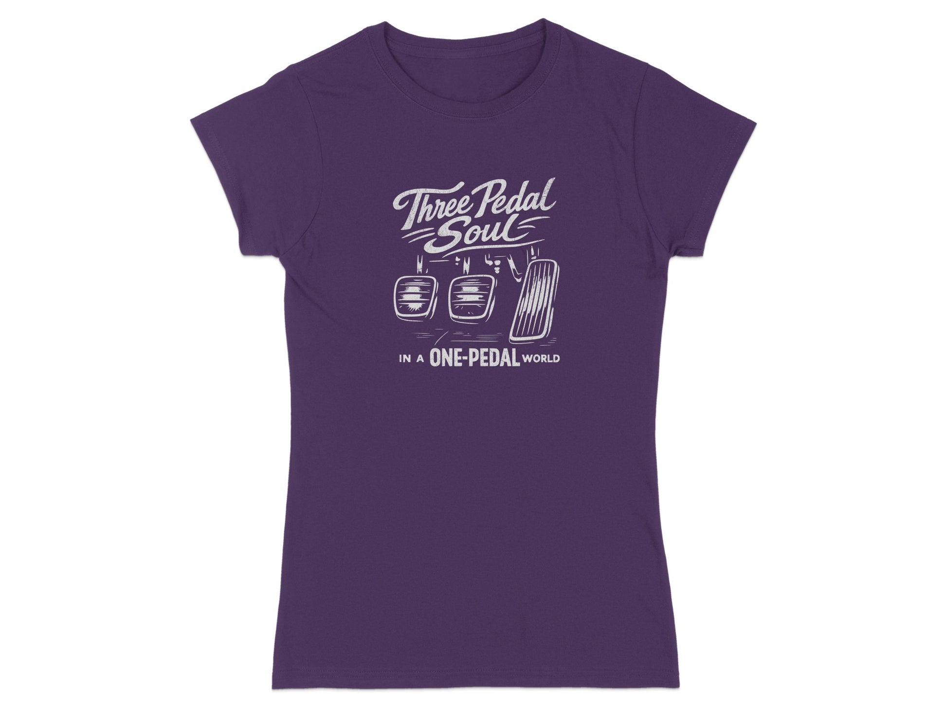 Purple t-shirt with "Three Pedal Soul In A One-Pedal World" and clutch, brake, and gas pedals.
