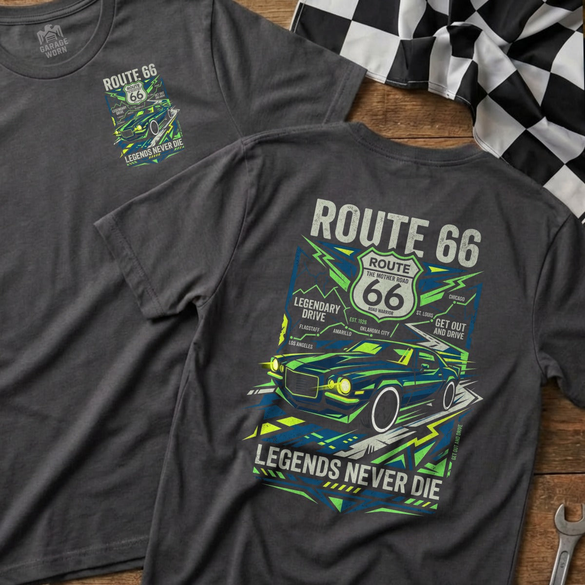 Dark grey t-shirt featuring Route 66 graphic with a classic car and "Legends Never Die."