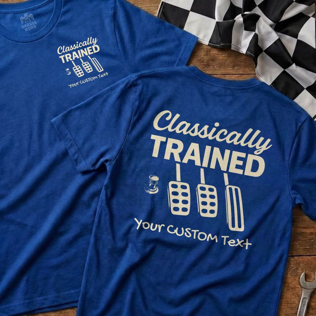 Blue t-shirts with "Classically Trained" and pedal graphic, custom text below.