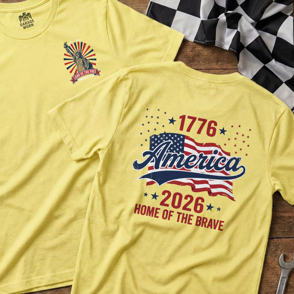 Yellow t-shirts with patriotic "1776 America Home of the Brave" graphic.