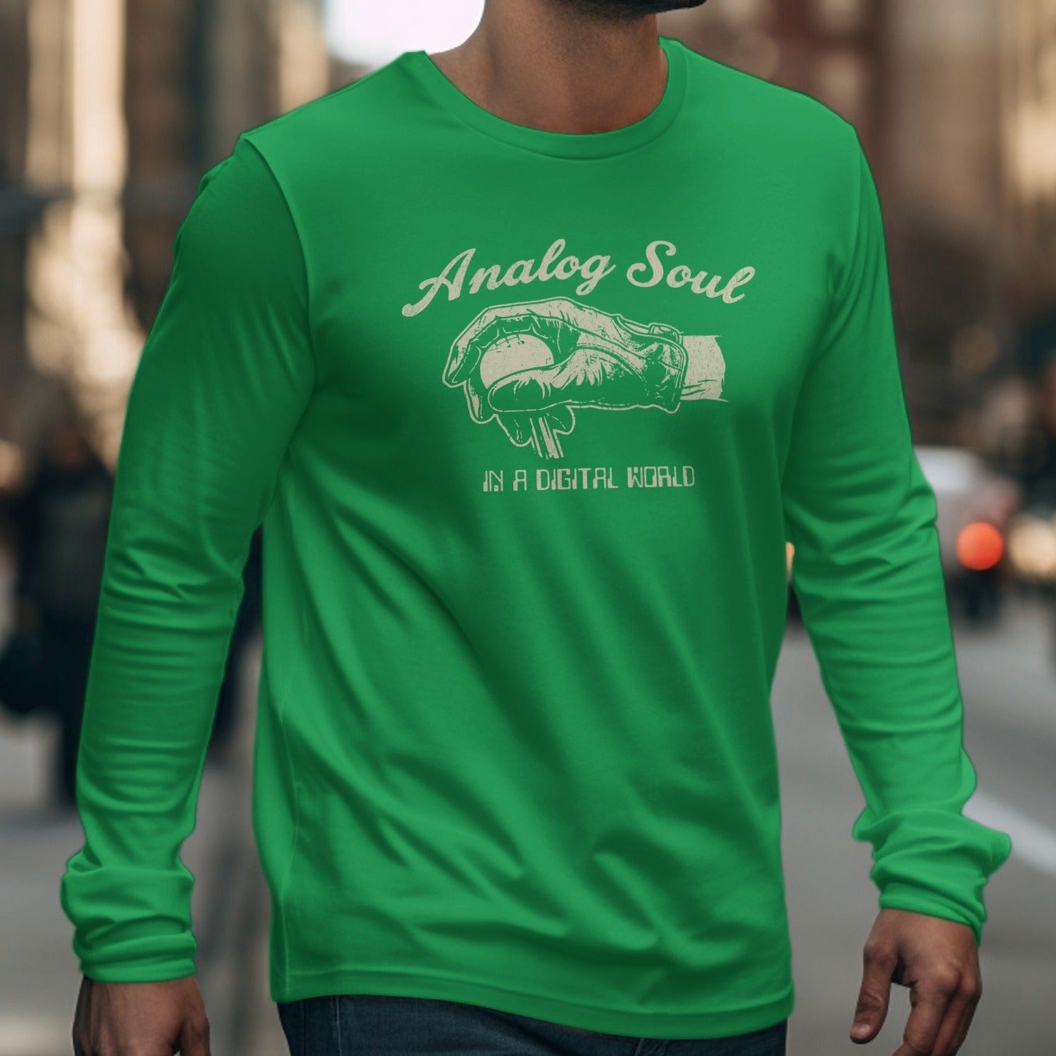 Green long sleeve shirt with "Analog Soul" and a gloved hand holding a record on it.