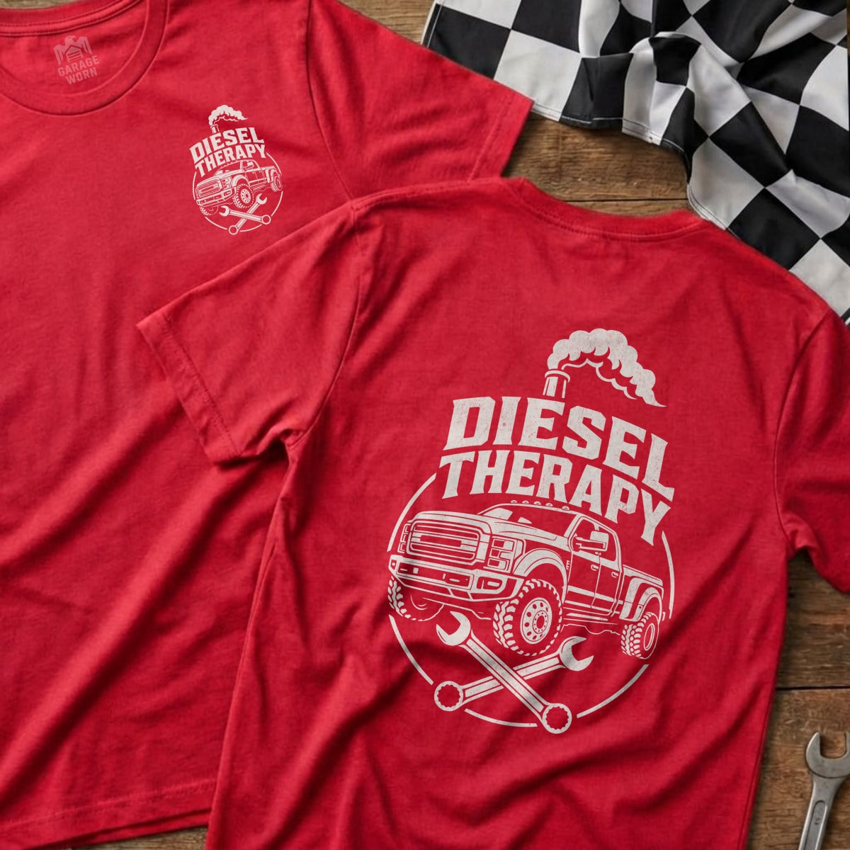 Red t-shirt with "Diesel Therapy" text and graphic of truck with wrenches.