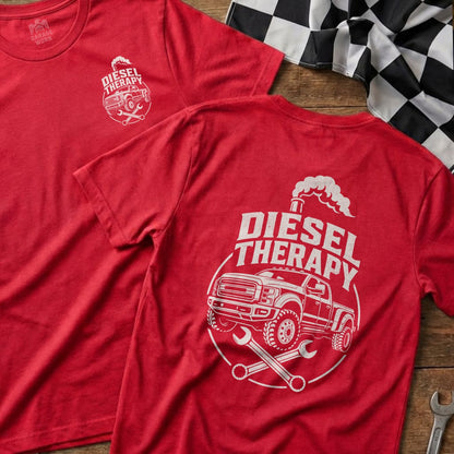 Red t-shirt with "Diesel Therapy" text and graphic of truck with wrenches.